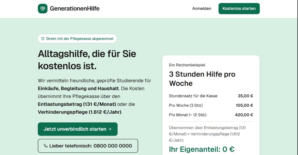 GenerationenHilfe: Screenshot der Landing Page mit Hero-Bereich und Leistungsübersicht